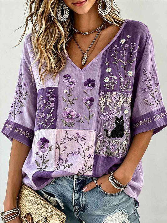 Women's purple floral print casual linen mid-length sleeves T-shirt