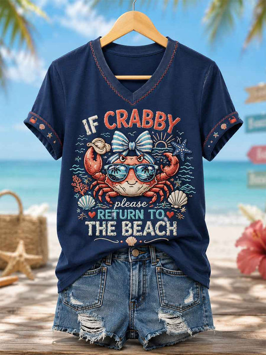 Women's If Crabby Please Return To The Beach Print Casual V-Neck Tee