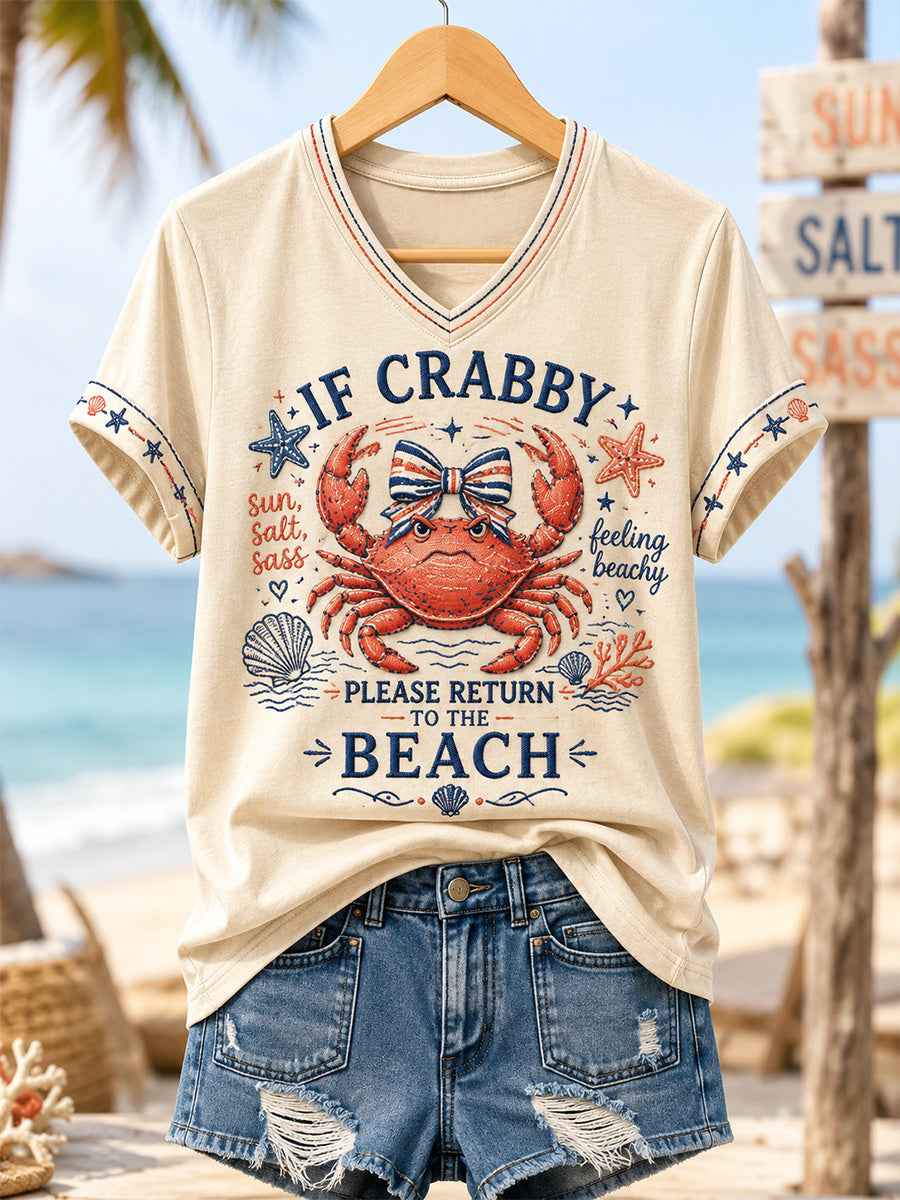 Women's If Crabby Please Return To The Beach Print Casual V-Neck Tee