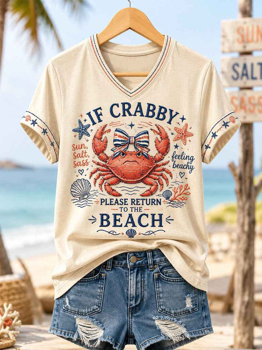 Women's If Crabby Please Return To The Beach Print Casual V-Neck Tee