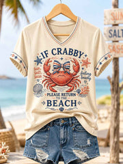 Women's If Crabby Please Return To The Beach Print Casual V-Neck Tee