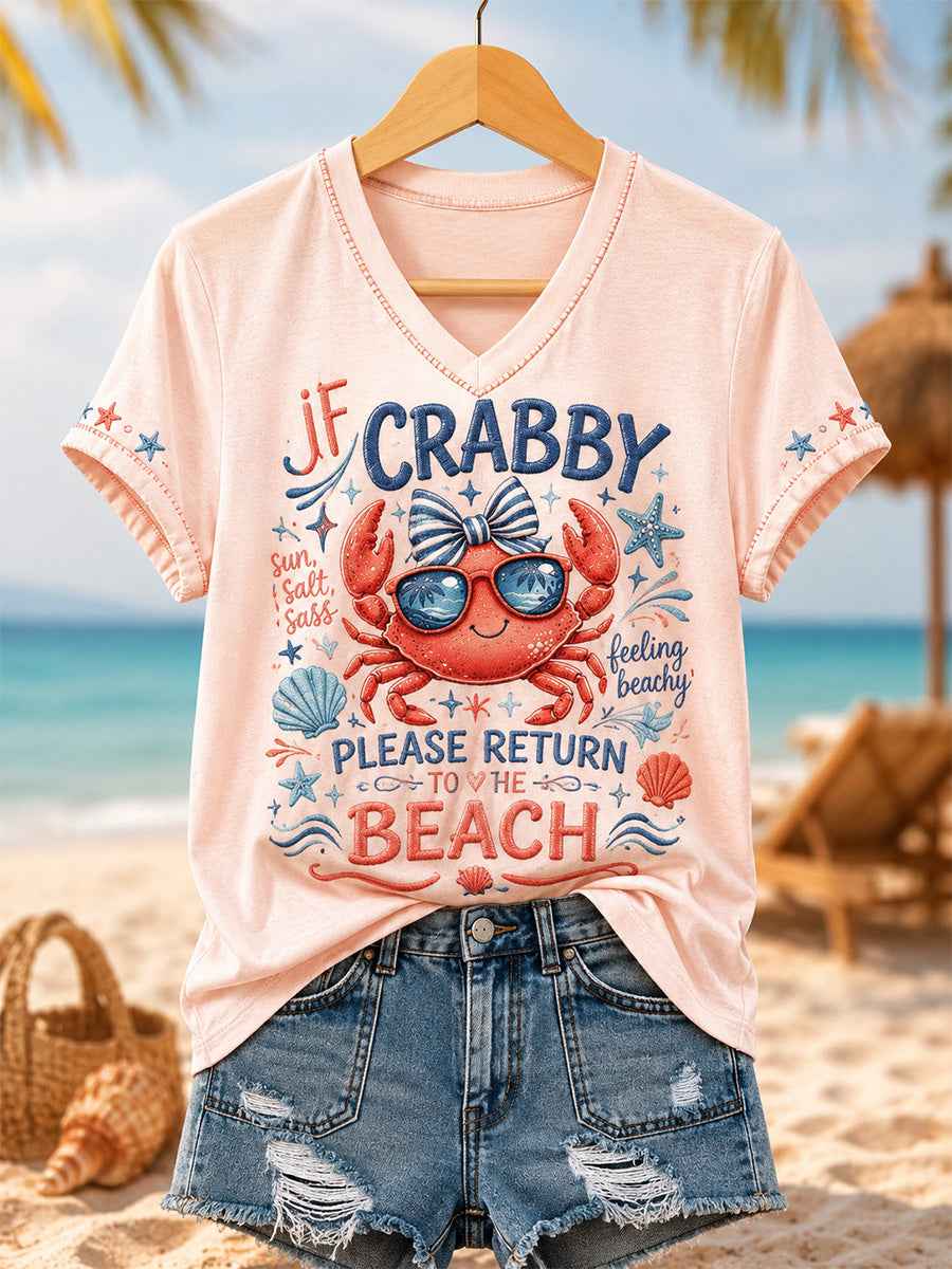Women's If Crabby Please Return To The Beach Print Casual V-Neck Tee