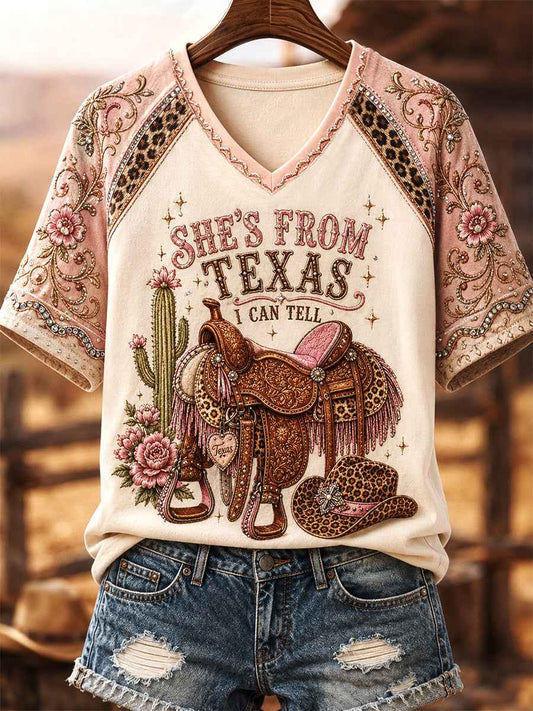 Women's She's From Texas I Can Tell Print Casual V-Neck Tee