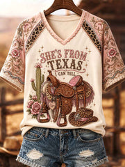 Women's She's From Texas I Can Tell Print Casual V-Neck Tee