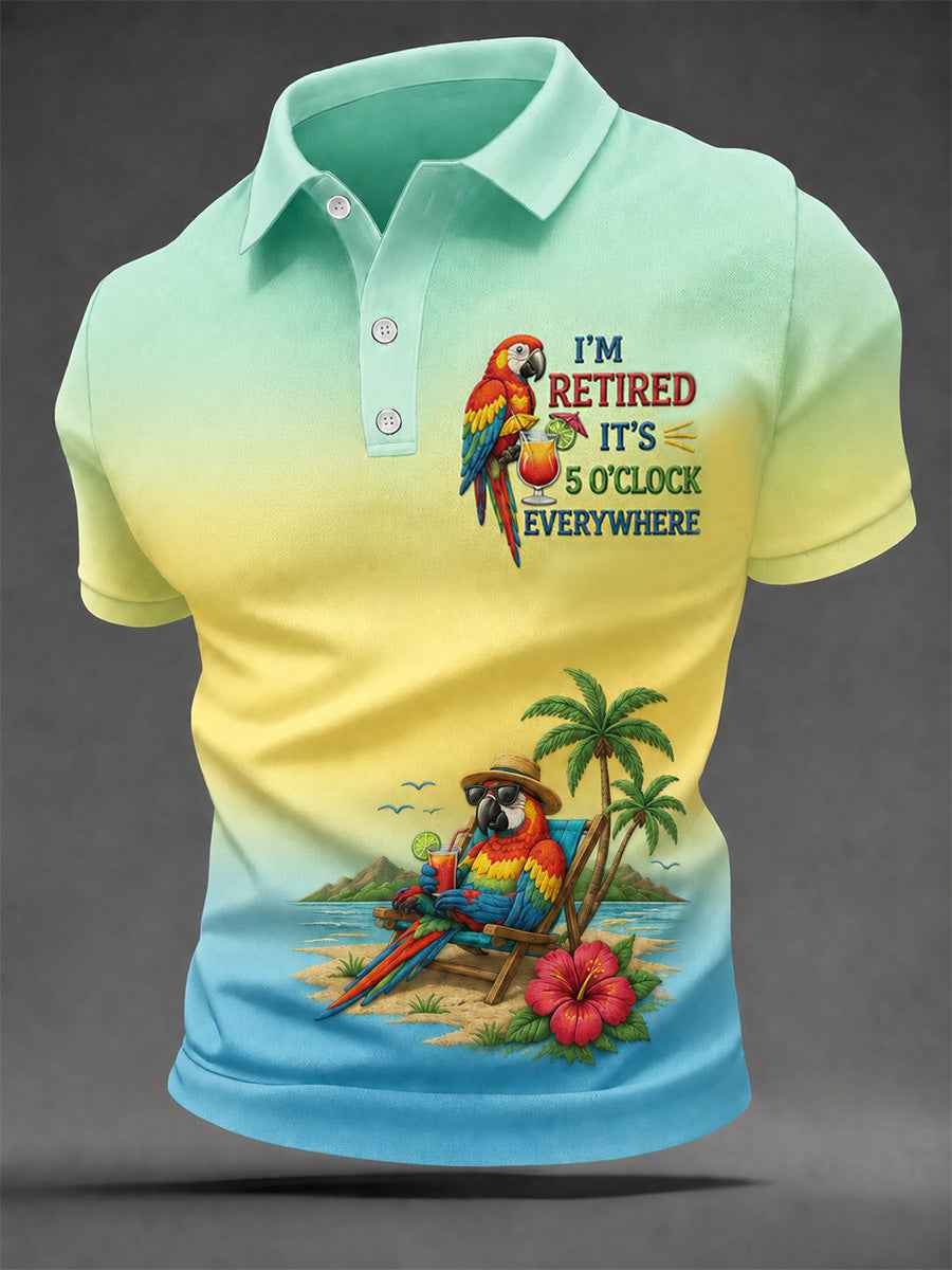 Men's I'm Retired It's 5 O'clock Everywhere Parrot Print Casual Polo