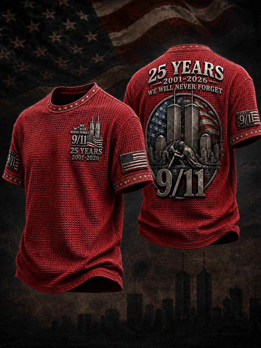 Men's WE WILL NEVER FORGET 9/11 25 YEARS 2001-2026 Waffle  Tee