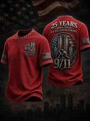 Men's WE WILL NEVER FORGET 9/11 25 YEARS 2001-2026 Waffle  Tee