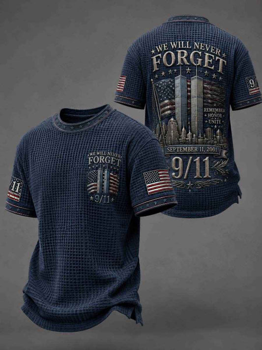 Men's WE WILL NEVER FORGET 9/11 25 YEARS 2001-2026 Waffle  Tee