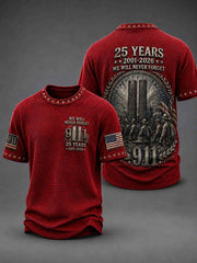 Men's WE WILL NEVER FORGET 9/11 25 YEARS 2001-2026 Waffle  Tee