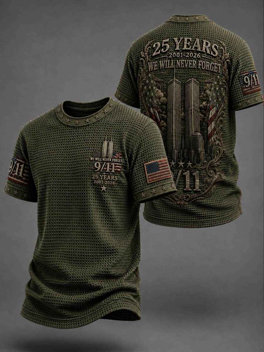 Men's WE WILL NEVER FORGET 9/11 25 YEARS 2001-2026 Waffle  Tee