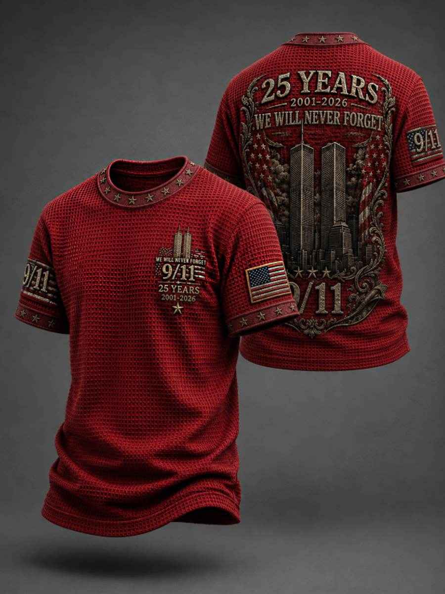 Men's WE WILL NEVER FORGET 9/11 25 YEARS 2001-2026 Waffle  Tee