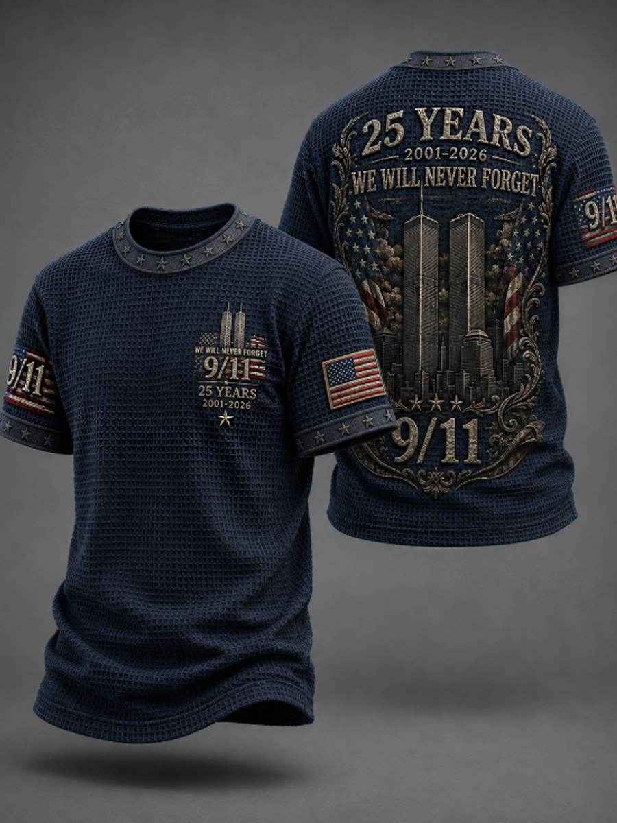 Men's WE WILL NEVER FORGET 9/11 25 YEARS 2001-2026 Waffle  Tee