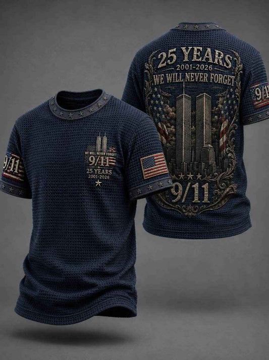 Men's WE WILL NEVER FORGET 9/11 25 YEARS 2001-2026 Waffle  Tee