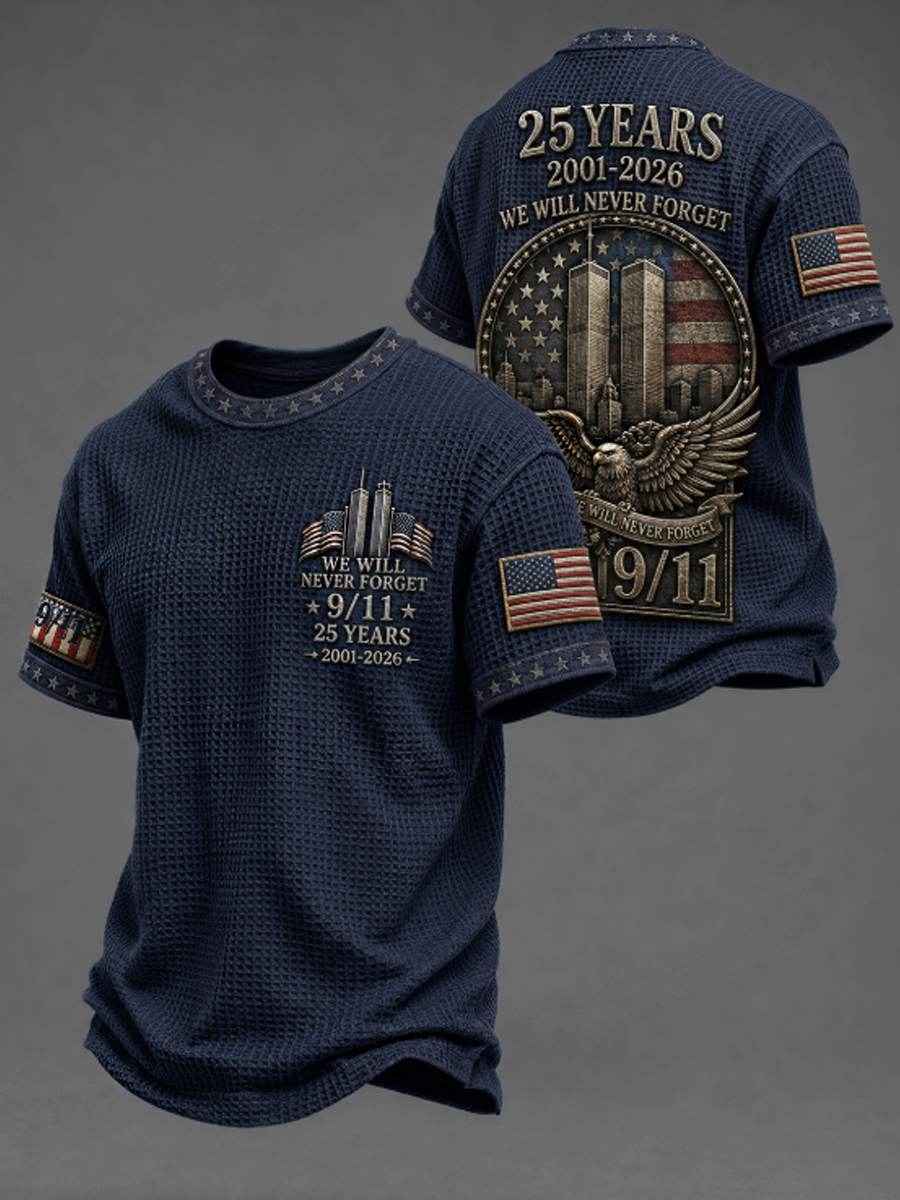 Men's WE WILL NEVER FORGET 9/11 25 YEARS 2001-2026 Waffle  Tee