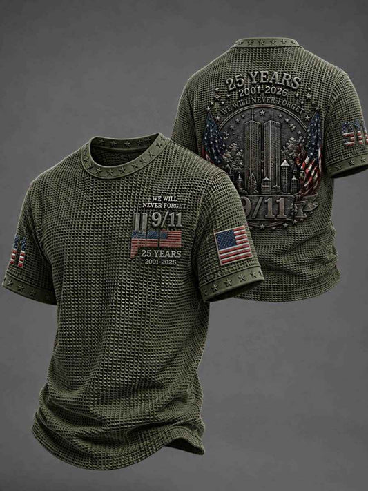 Men's WE WILL NEVER FORGET 9/11 25 YEARS 2001-2026 Waffle  Tee