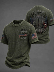 Men's WE WILL NEVER FORGET 9/11 25 YEARS 2001-2026 Waffle  Tee
