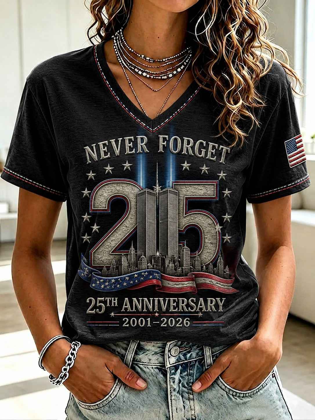 Women's 9.11 Never Forget Printed V-neck T-shirt