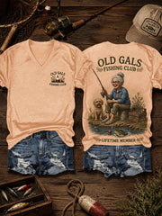 Women's Funny Old Gals Fishing Club Lifetime Member Print Casual V-Neck Tee