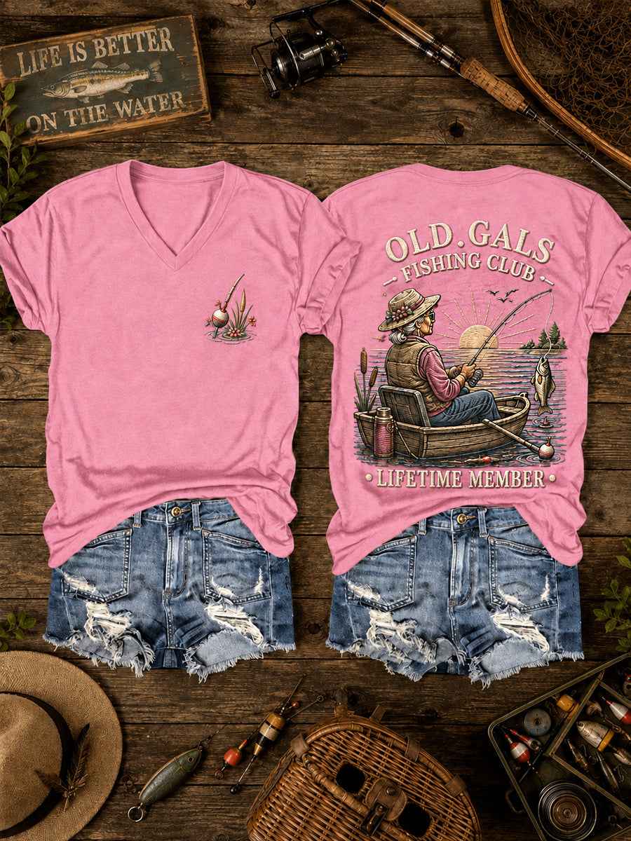 Women's Funny Old Gals Fishing Club Lifetime Member Print Casual V-Neck Tee