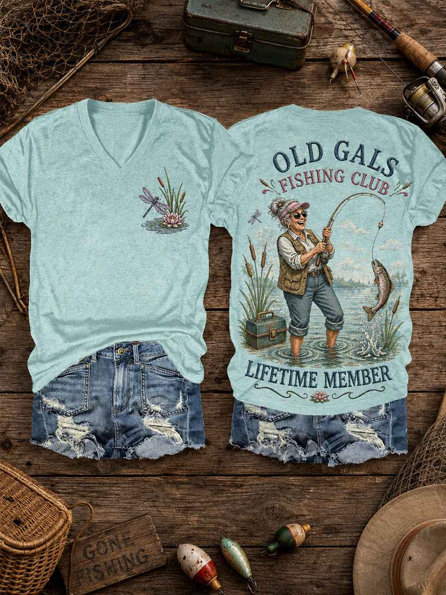 Women's Funny Old Gals Fishing Club Lifetime Member Print Casual V-Neck Tee