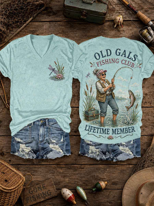 Women's Funny Old Gals Fishing Club Lifetime Member Print Casual V-Neck Tee