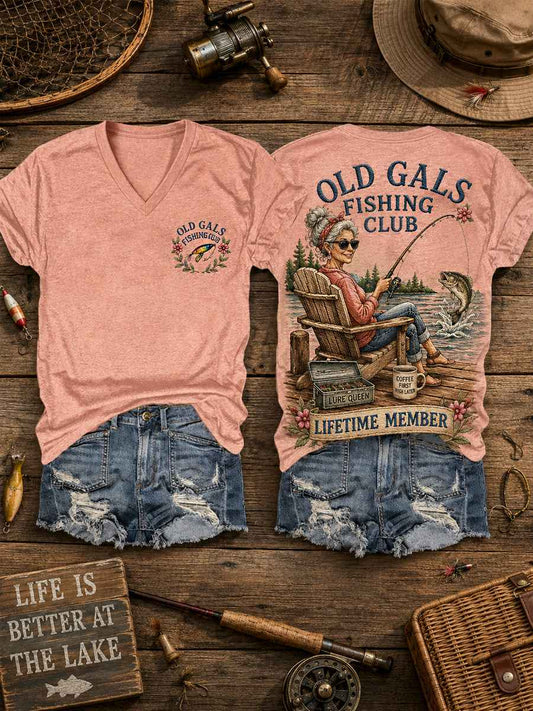 Women's Funny Old Gals Fishing Club Lifetime Member Print Casual V-Neck Tee