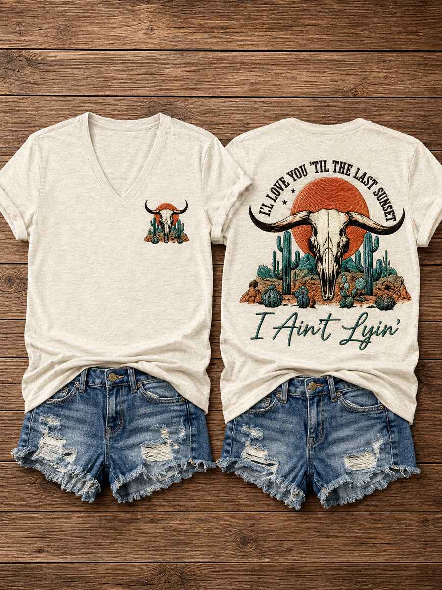 Women's Western I'll Love You 'Til My Lungs Give Out Country Music Print Casual V-Neck Tee