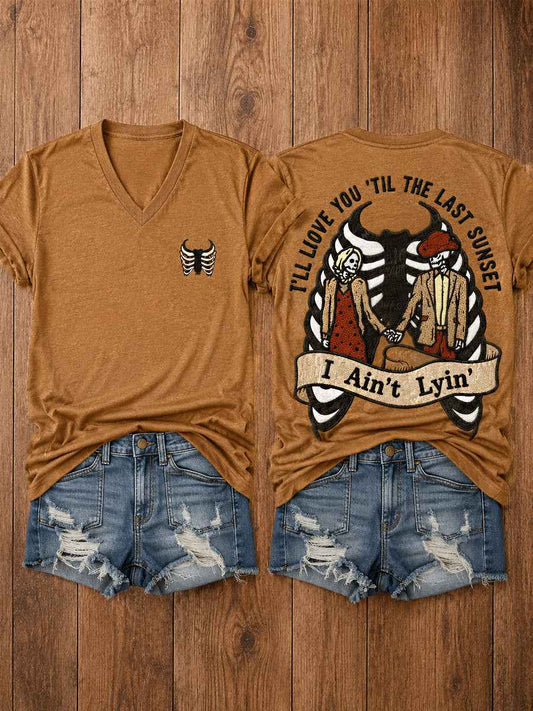 Women's Western I'll Love You 'Til My Lungs Give Out Country Music Print Casual V-Neck Tee