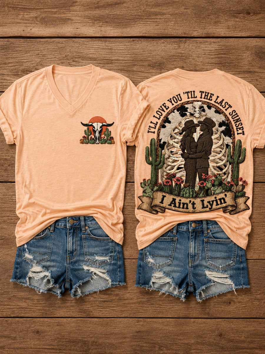 Women's Western I'll Love You 'Til My Lungs Give Out Country Music Print Casual V-Neck Tee