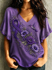Women's Purple Floral & Hummingbird Print Alzheimer's Awareness Support Ruffle Sleeve Tee