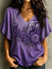 Women's Purple Floral & Elephant Print Alzheimer's Awareness Support Ruffle Sleeve Tee