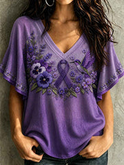 Women's Purple Floral & Hummingbird Print Alzheimer's Awareness Support Ruffle Sleeve Tee