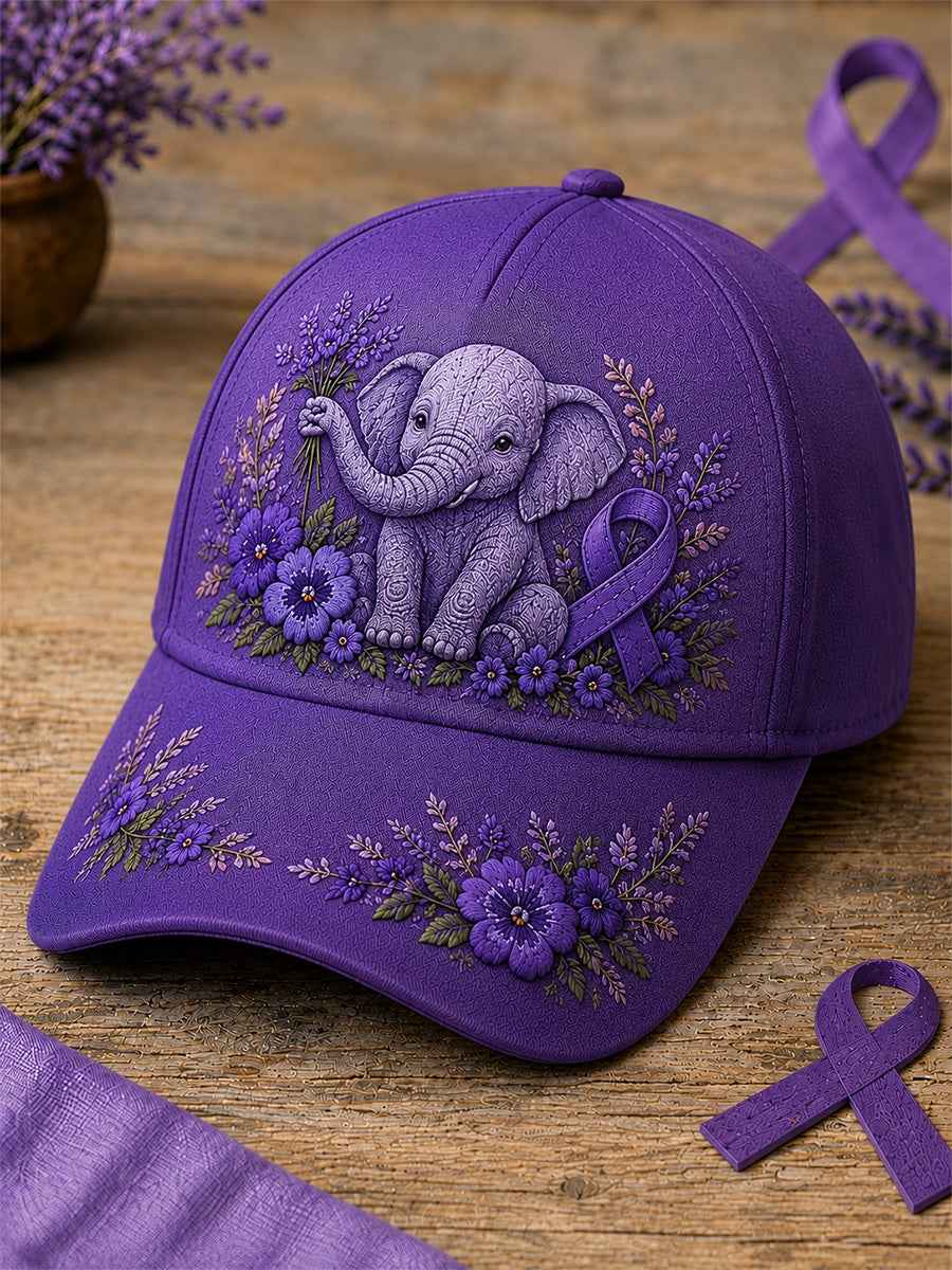 Unisex Purple Floral & Elephant Print Alzheimer's Awareness Support Hat