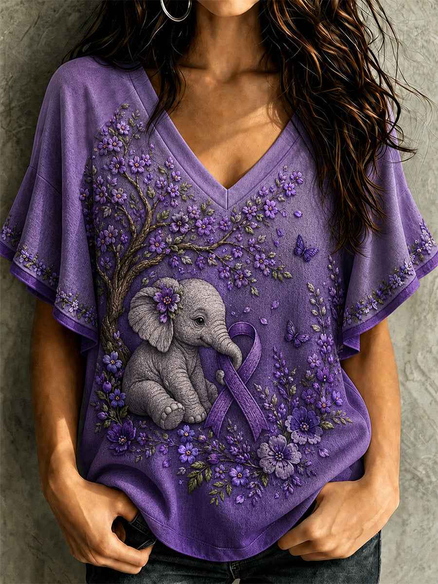 Women's Purple Floral & Elephant Print Alzheimer's Awareness Support Ruffle Sleeve Tee