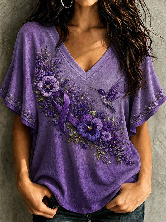 Women's Purple Floral & Hummingbird Print Alzheimer's Awareness Support Ruffle Sleeve Tee