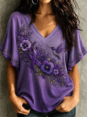 Women's Purple Floral & Hummingbird Print Alzheimer's Awareness Support Ruffle Sleeve Tee