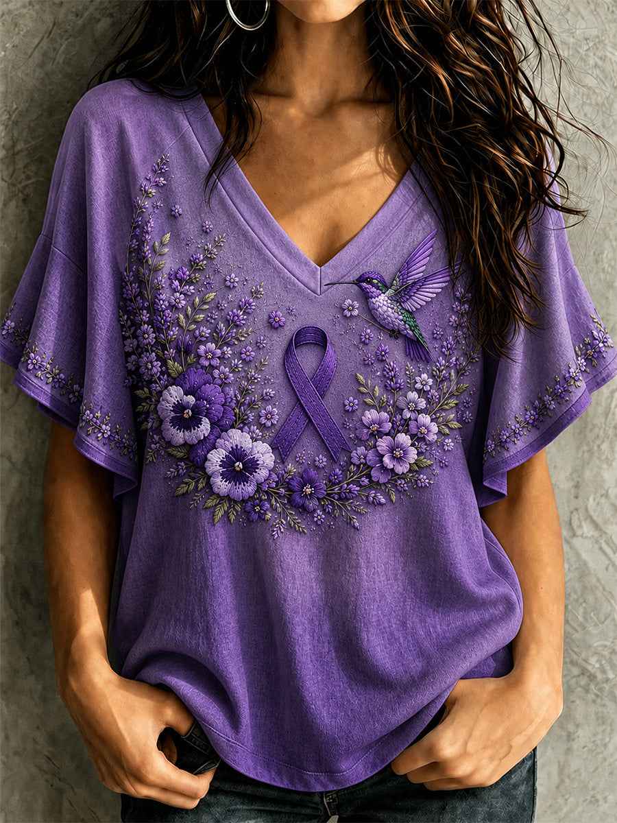 Women's Purple Floral & Hummingbird Print Alzheimer's Awareness Support Ruffle Sleeve Tee
