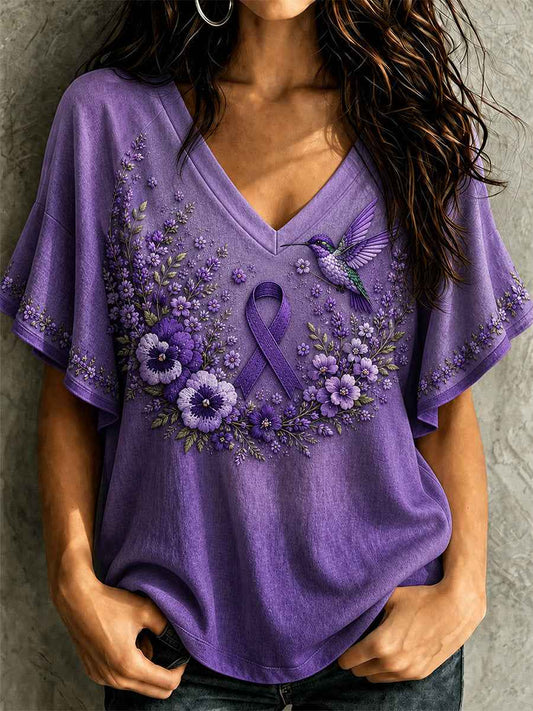 Women's Purple Floral & Hummingbird Print Alzheimer's Awareness Support Ruffle Sleeve Tee