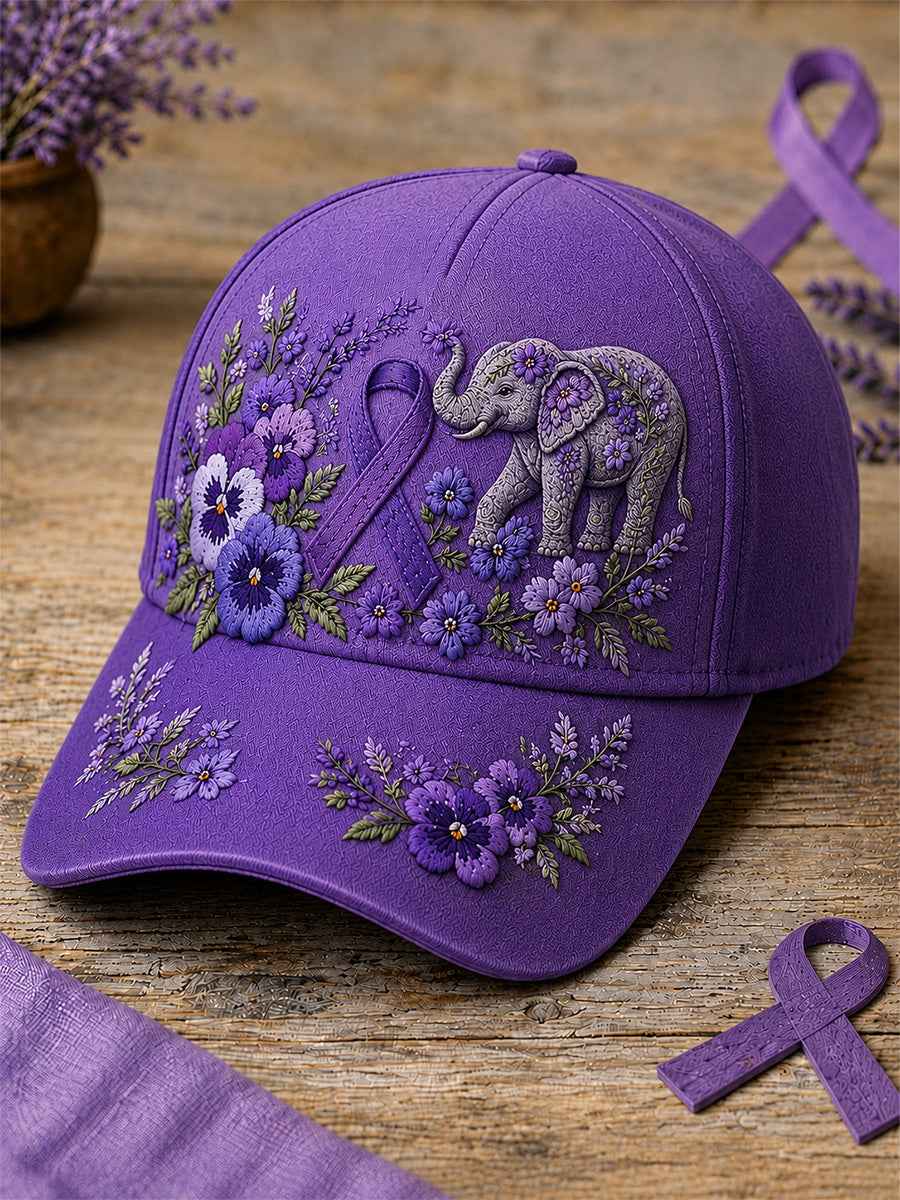 Unisex Purple Floral & Elephant Print Alzheimer's Awareness Support Hat