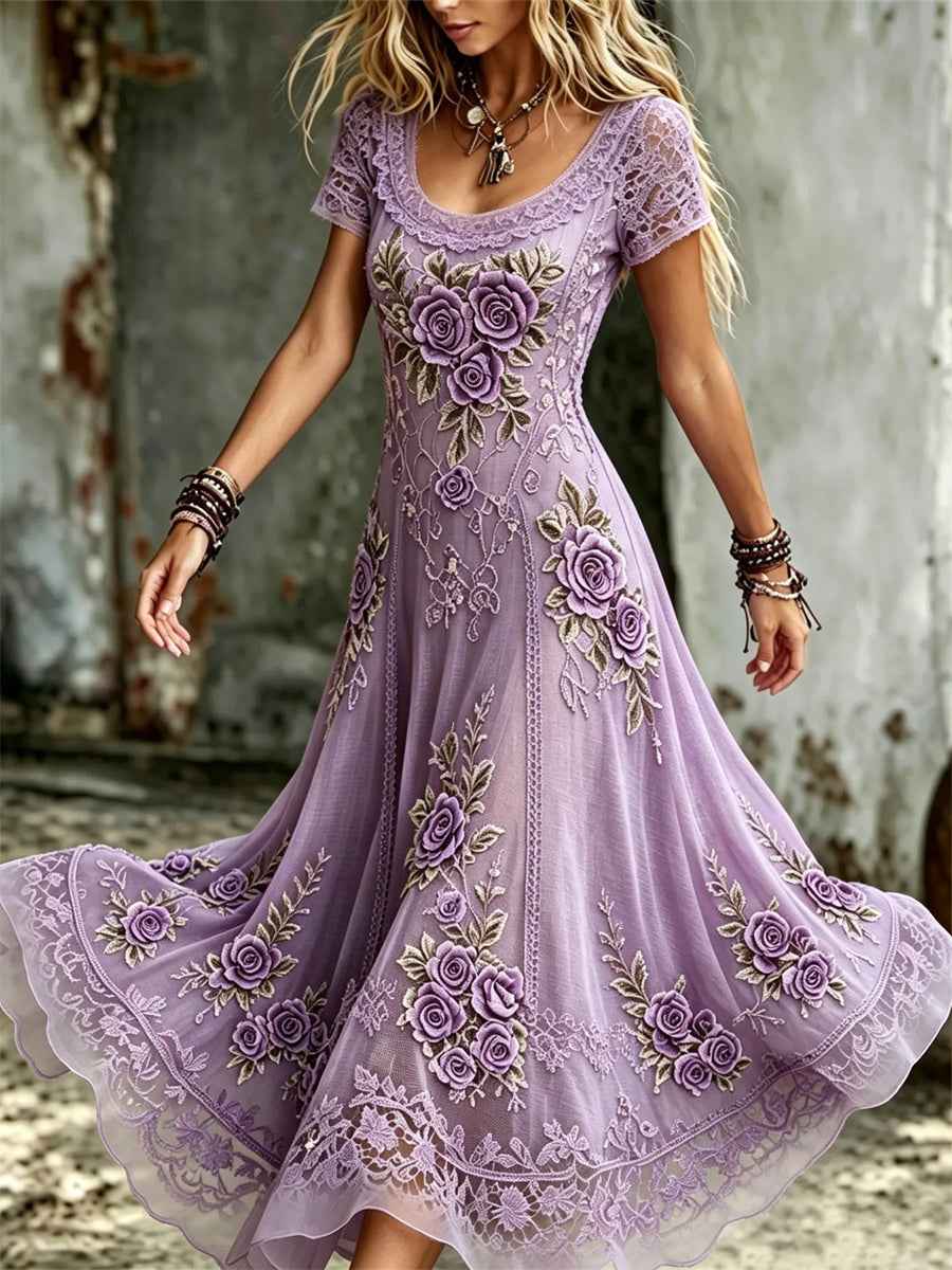 Women's Classy Purple Roses Lace Art Print Flowy Maxi Dress