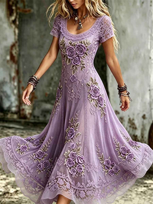 Women's Classy Purple Roses Lace Art Print Flowy Maxi Dress
