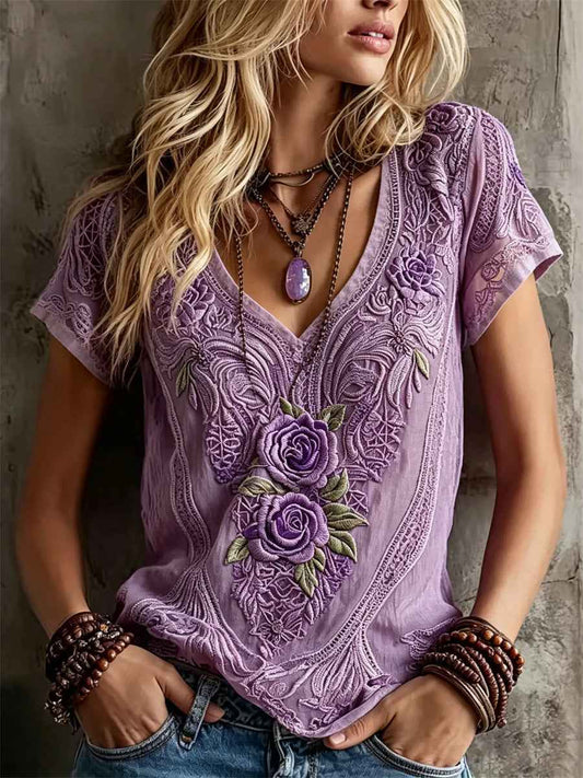 Women's Classy Purple Roses Lace Art Print linen short-sleeved T-shirt
