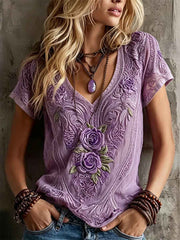 Women's Classy Purple Roses Lace Art Print linen short-sleeved T-shirt