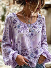 Women's Classy Purple Floral Print Round Neck Cotton-Linen Shirt