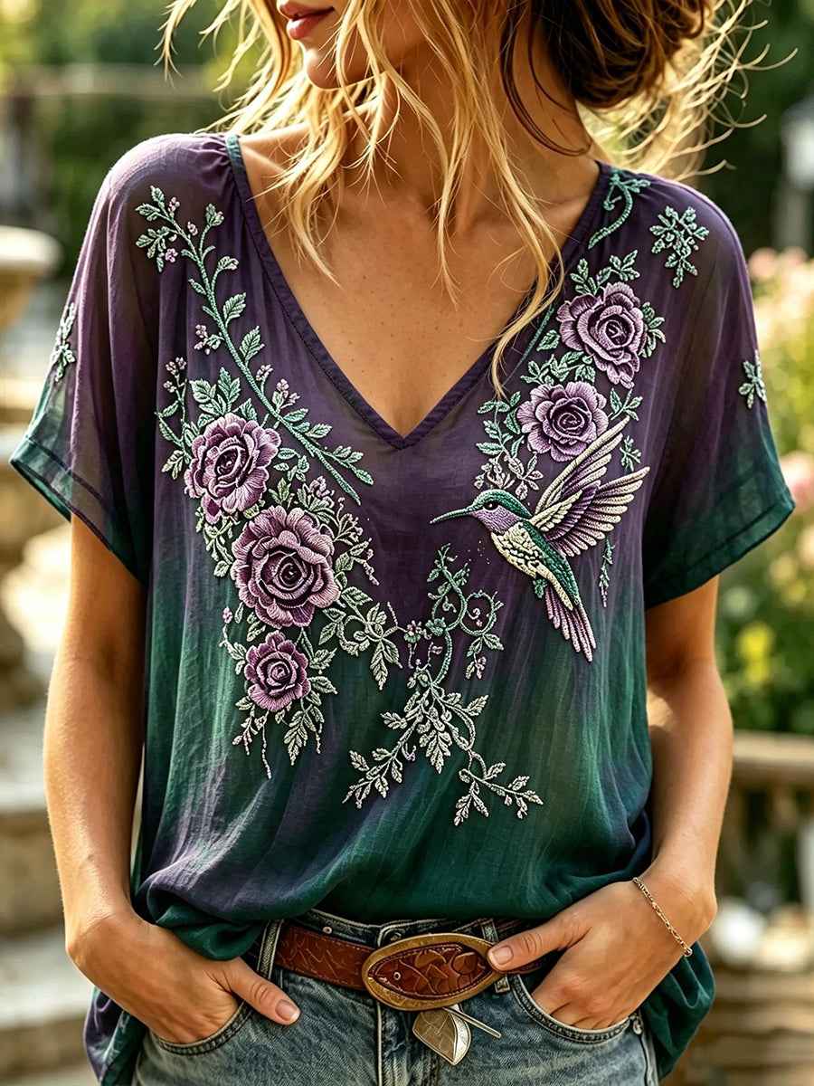 Women's Vintage Hummingbird Floral Print Linen Short-sleeved T-shirt