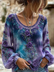 Women's Classy Purple Floral Print Round Neck Cotton-Linen Shirt