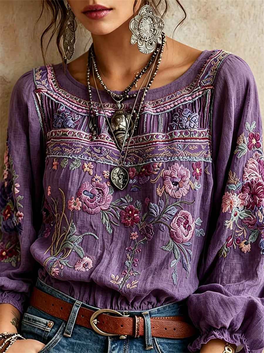 Women's Boho Purple Floral Art Print Cotton-Linen Shirt