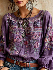 Women's Boho Purple Floral Art Print Cotton-Linen Shirt