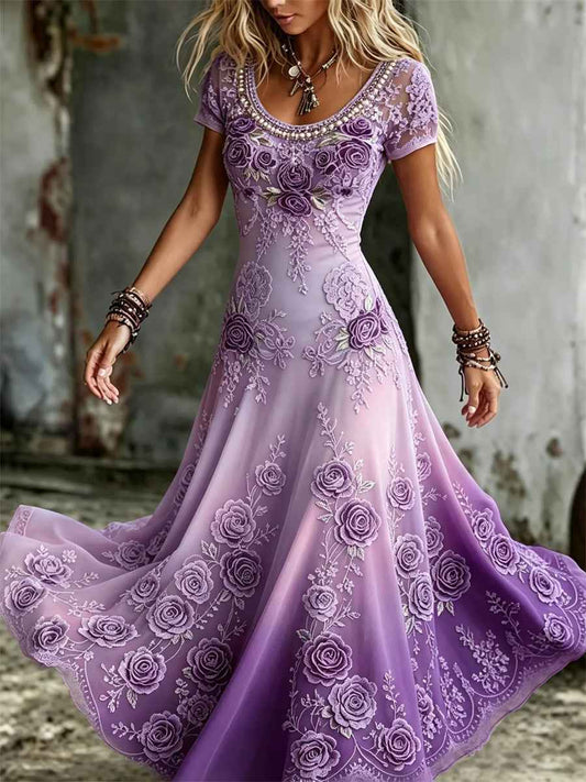 Women's Classy Purple Roses Lace Art Print Gradient Flowy Maxi Dress