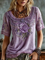 Women's Classy Purple Roses Floral Lace Art Print linen short-sleeved T-shirt
